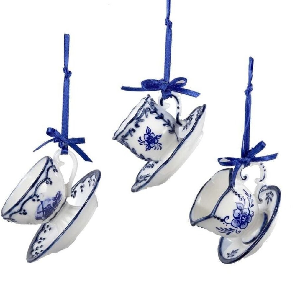 Kurt Adler 3 china 2" Delft Teacup hanging ornaments-flower pattern-windmill